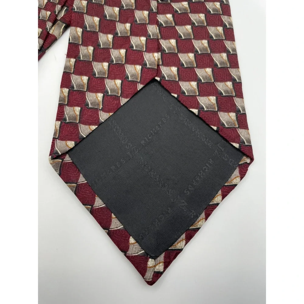 JZ Richards Mens Silk Tie Burgundy Gold Geometric Hand Made USA 7509-9